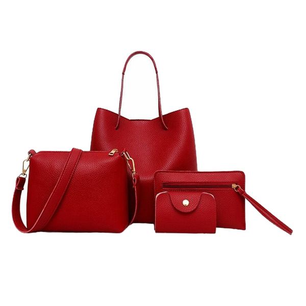 

4pieces leather handbag shoulder bags purse messenger satchel set, Black;red
