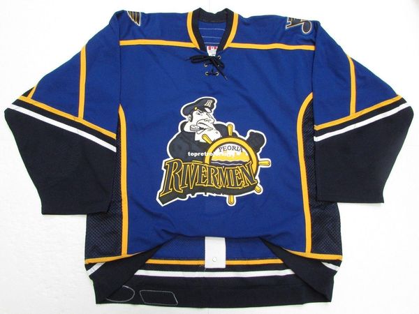

custom peoria rivermen blue team issued white 6100 jersey stitch add any number any name mens hockey jersey xs-6xl, Black;red