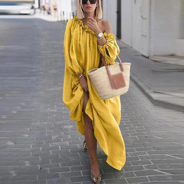 

new arrival dress women dresses summer pure color long sleeve bohemian swing sloping shoulder ruffled irregular hem maxi dresses, Black;gray