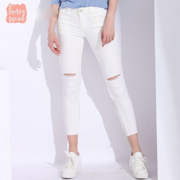 

джинсы белый тощий женщина с отверстиями тонкий карандаш брюки брюки карандаш ripped для женщин высокой талии stretch капри женские femme, Blue