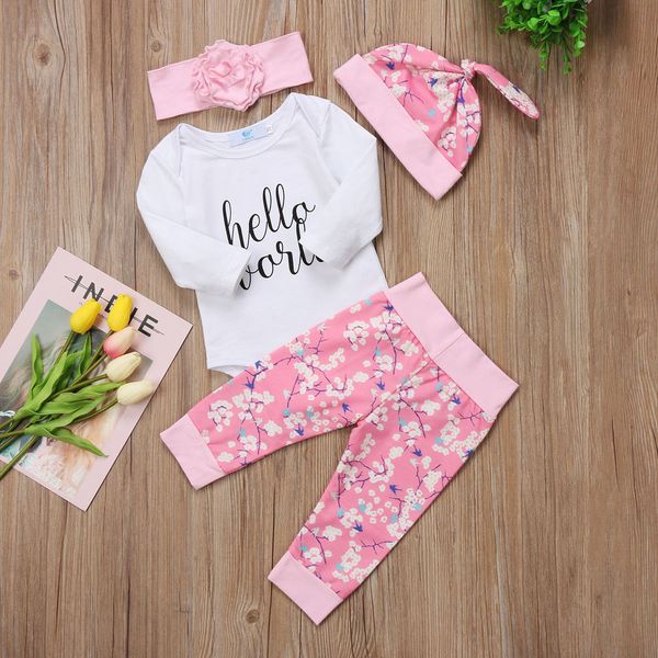 

2019 new listing cute baby girls hello world outfits clothes cotton letter romper floral pants set spring autumn bodysuit, Pink;blue