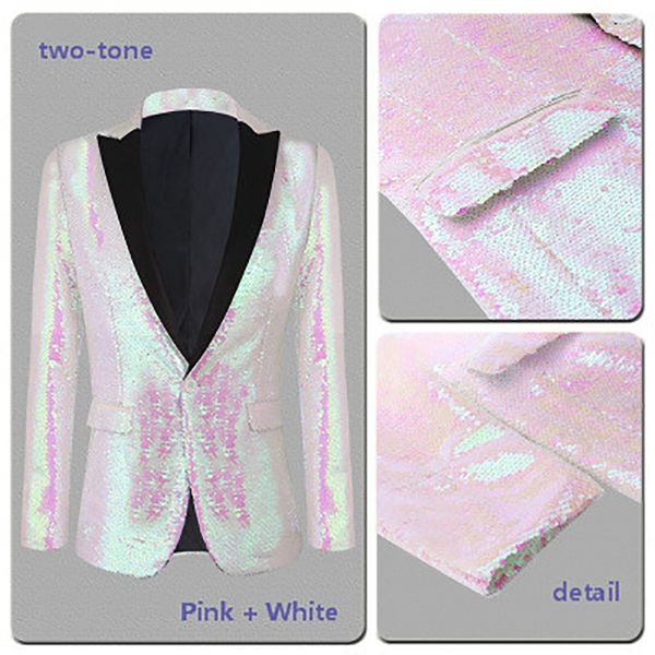 

white pink two-tone sequin men blazers slim fit stage dress costumes singer drummer host groom jacket party prom nicht club, White;black