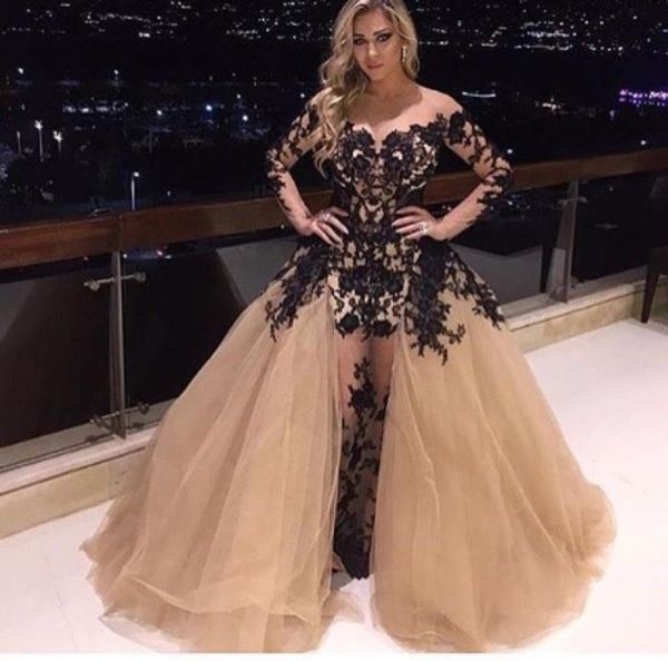 DuBai Designers Atacado Clássico Preto Elegante Destacável Saia Vestido de Noite com Apliques de Champanhe fora Do Ombro Prom Vestido