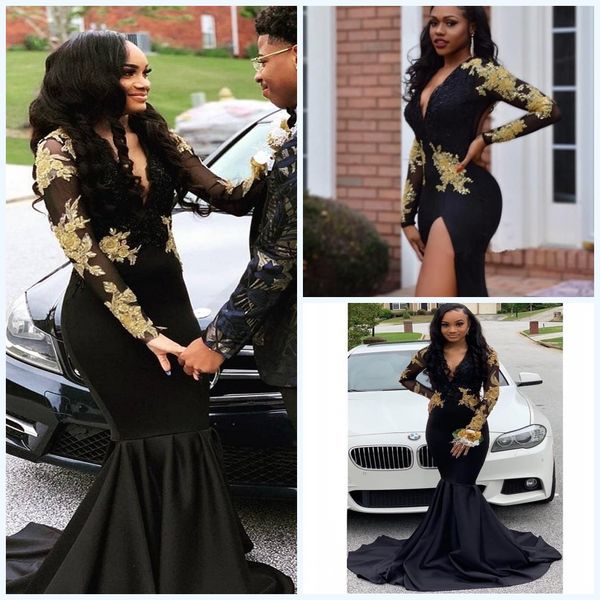 

2020 prom dresses long mermaid black and gold long sleeves evening gown