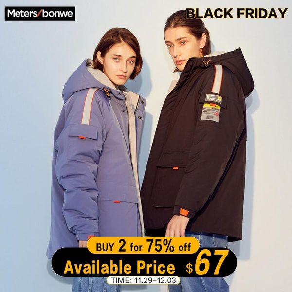 

metersbonwe winter male female padded hooded jacket couples padded outdoor winter male casual tooling windproof coat, Black