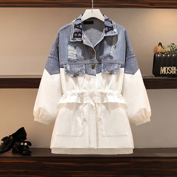 

women's trench coats patchwork denim windbreaker lapel lantern sleeve hit color drawstring plus size coat female 2021 spring fashion, Tan;black