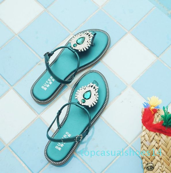 

brand design 2018 new large size flat sandals flat with rhinestones summer women's sandals rome shoes clip toe sandals sandal t14, Black