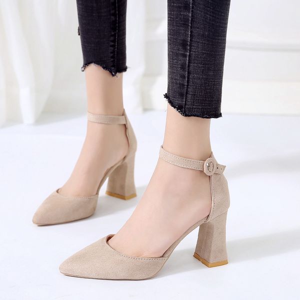 

autumn pointed high heels square heel middle hollow suede single shoes simple fashion pumps career office shoes elegant pumps, Black