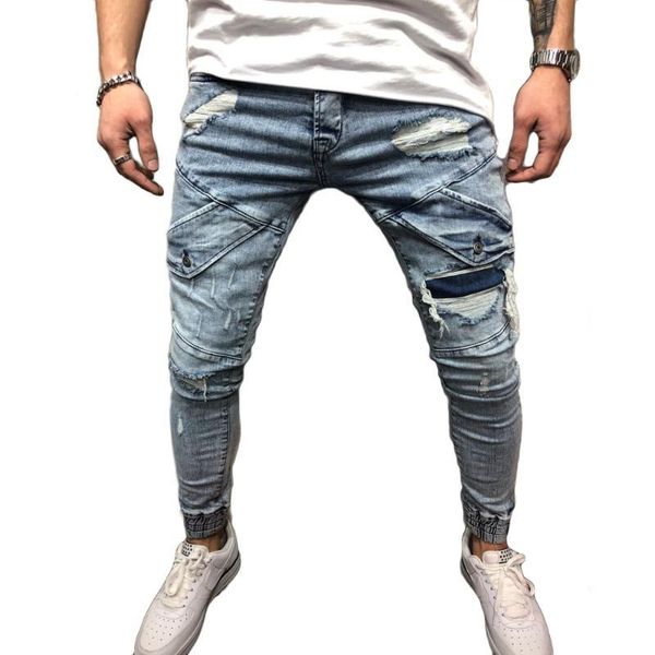 

mens голубой рваные джинсы штаны с дырками супер тощий slim fit разрушенные проблемные джинсовые брюки бегуны мужской, Blue