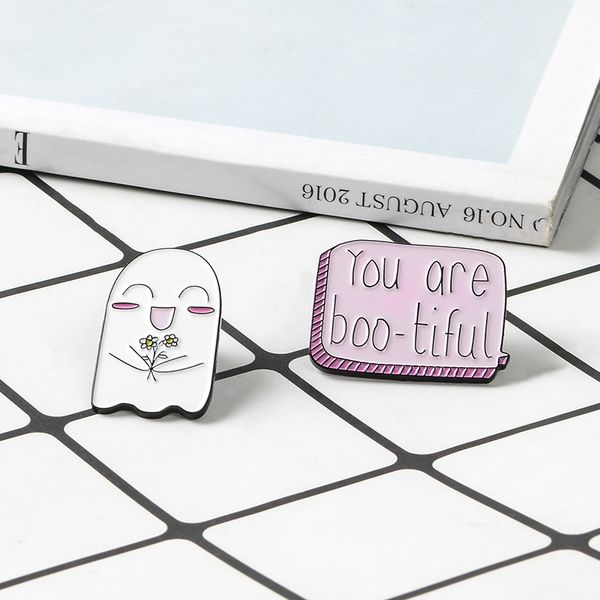 

super cute boo-tiful ghost holding flowers courtship brooch love badges lapel pins enamel pin for shirt bag gift for girlfriend, Gray
