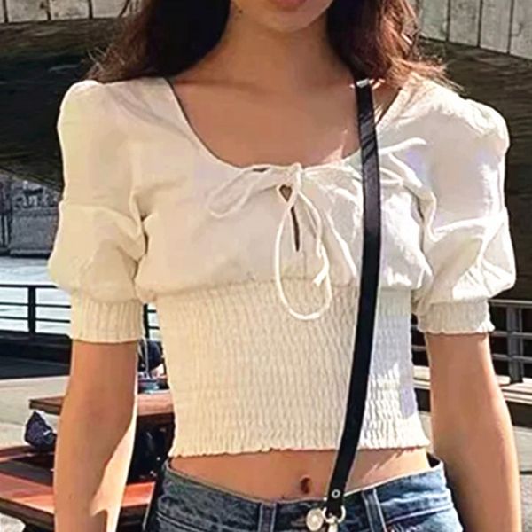 

women's blouses & shirts fashion shirt blouse women 2021 summer vintage elasticated pleated waist tie rope puff sleeve mujer blusa, White