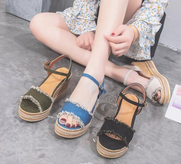 

2019 korean version of the flat-bottomed suede female high-heeled sandals buckled open toe thick-bottomed fish mouth women sandals, Black