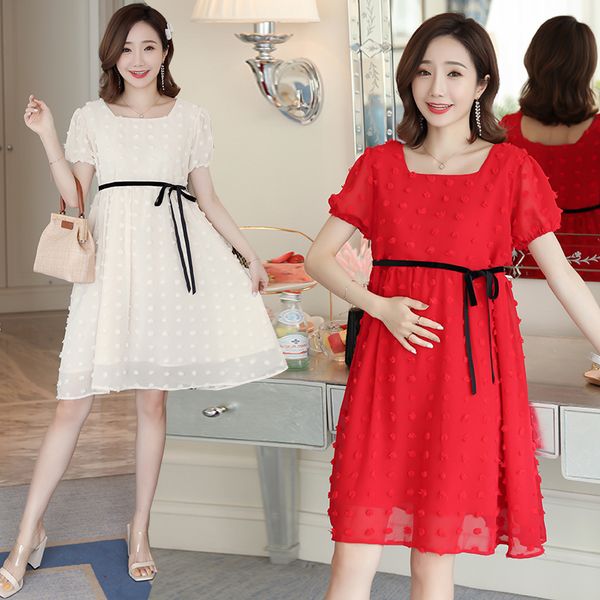 

1122#maternity clothes summer chiffon solid color short sleeve loose stylish dress for pregnant women mom dress, White