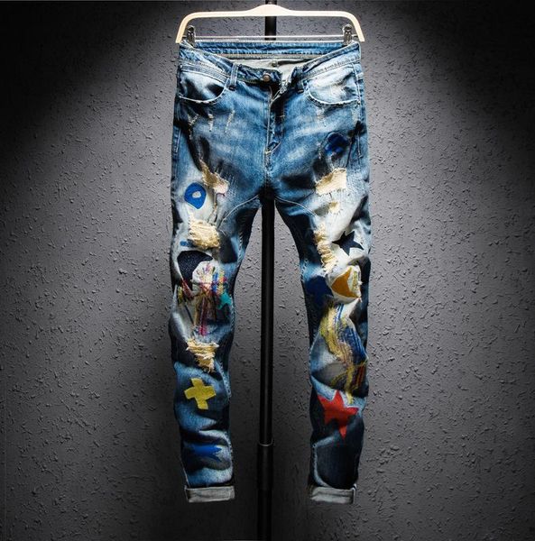 

designer mens jeans blue important stretch hole jeans tide brand slim feet hip hop ripped jeans