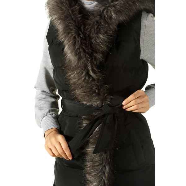 

hooded down vest with fur, Black;white