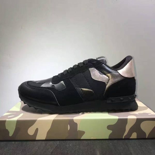 

size 35-46 women and men luxury casual shoes camouflage genuine leather lace up couple star shoes rivets flat shoes, Black