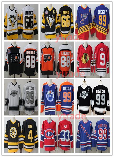 

99 wayne gretzky 66 mario lemieux 9 bobby hull vintage jersey 9 gordie howe bobby orr 33 patrick roy 88 eric lindros messier jerseys ccm, Black;red