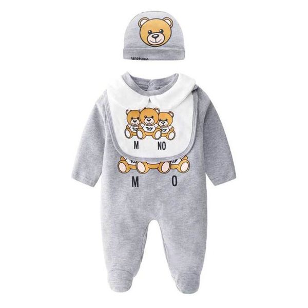 Novos 3 cores Meninos Meninas Romper manga comprida 100% Algodão Macacão + chapéu + Bib 3pcs / set Urso dos desenhos animados infantil Romper roupa de escalada