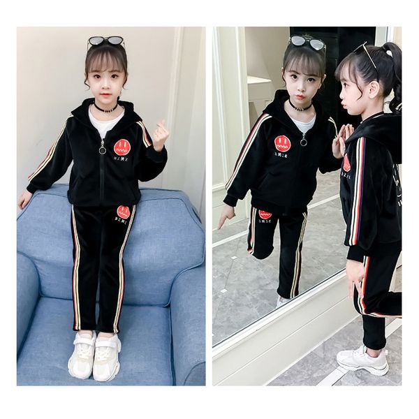 

kids brand clothing suit girls luxury fashion clothing sets smiley pattern two-piece sets sportswear warm keeping 2019 autumn high quality, White