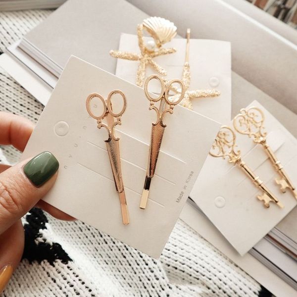 

2pcs creative starfish scissors shape women lady girls hair clip delicate pearl hair pin barrette hair accessories pendientes, Golden;silver