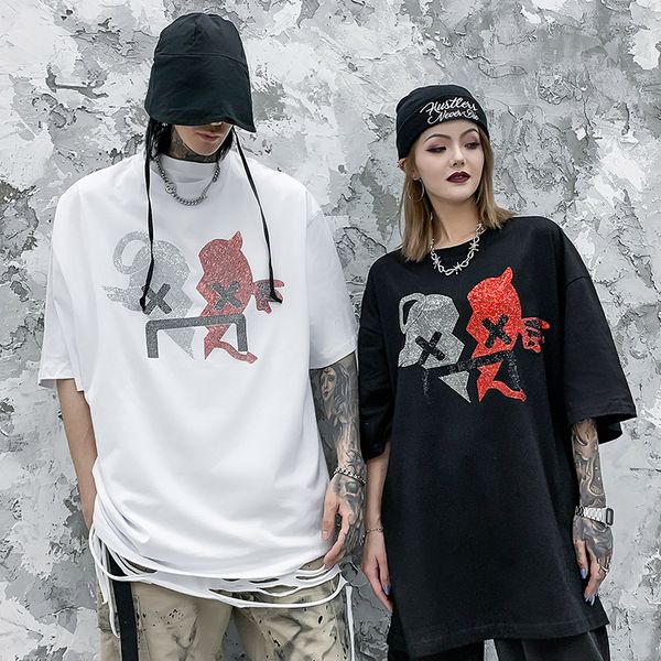 

brand streetwear t shirt hip hop oversize harajuku tshirt angel heart print summer t-shirt short sleeve cotton loose tees, White;black