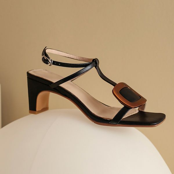 

genuine leather women sandals high heels t-strap metal buckle party night club shoes woman black brown beige