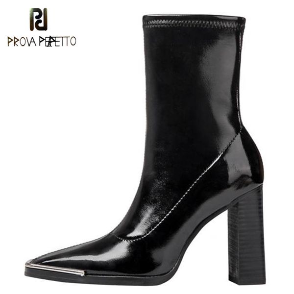 

prova perfetto остроконечные toe mid-теленок пинетки женщины металл украшения толстый каблук bottes femme женщина высокого качества slim fit, Black