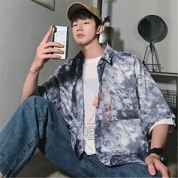 

2019 spring and summer new chinese style quality comfortable cotton tide male harajuku loose small fresh marble casual shirt, White;black