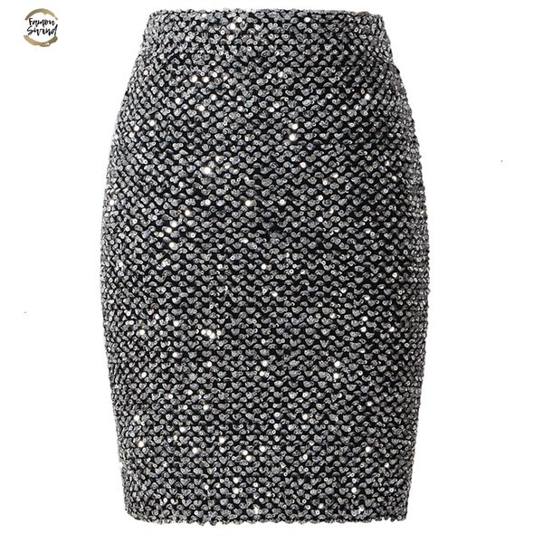 

spring 2019 women sequined patchwork shinny pencil mini skirts high waist black party bandage girls long saia s1802
