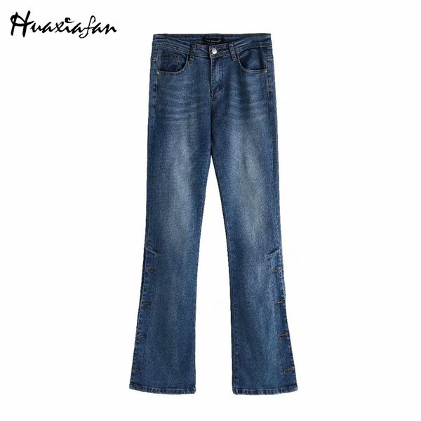 

huaxiafan women vintage jeans stretchy bell bottoms fit flare jeans ladies casual wide leg washed denim trousers denim pants, Black;white