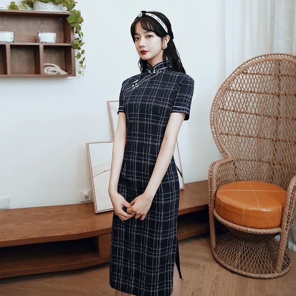 

navy blue plaid cotton linen cheongsam vintage women vestidso summer new mandarin collar qipao high split chinese dress, Red