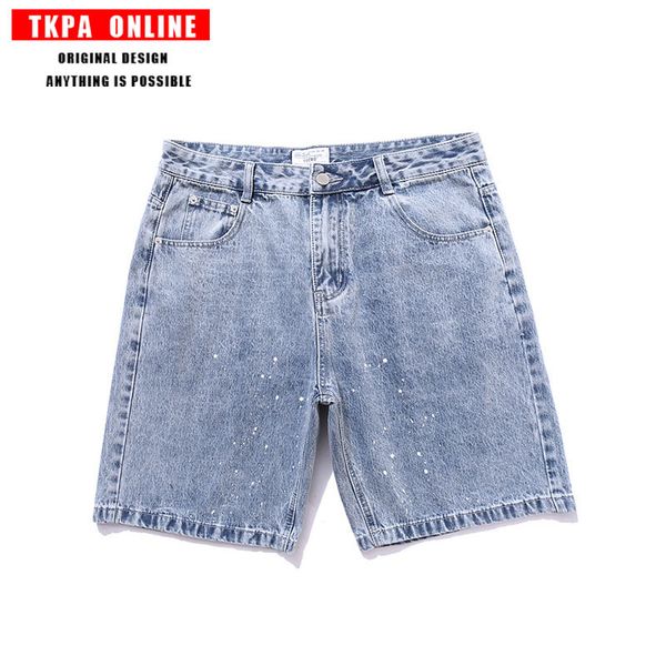 

loose jeans painted with hong kong style street color matching pocket speckled jeans shorts men's fashion brand, Blue