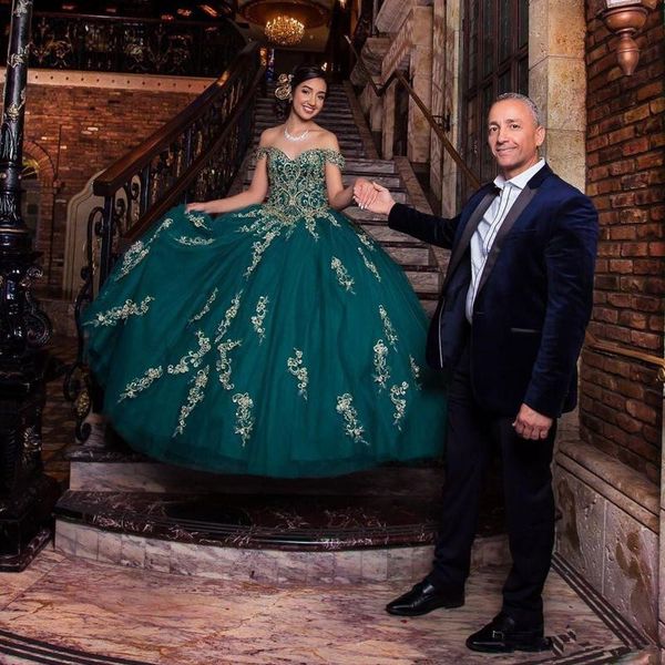 Hunter Green Off the Shoulder Quinceanera Abiti Vintage Perline Paillettes Tulle Sweet 15 Abito Lunghezza pavimento vestidos de