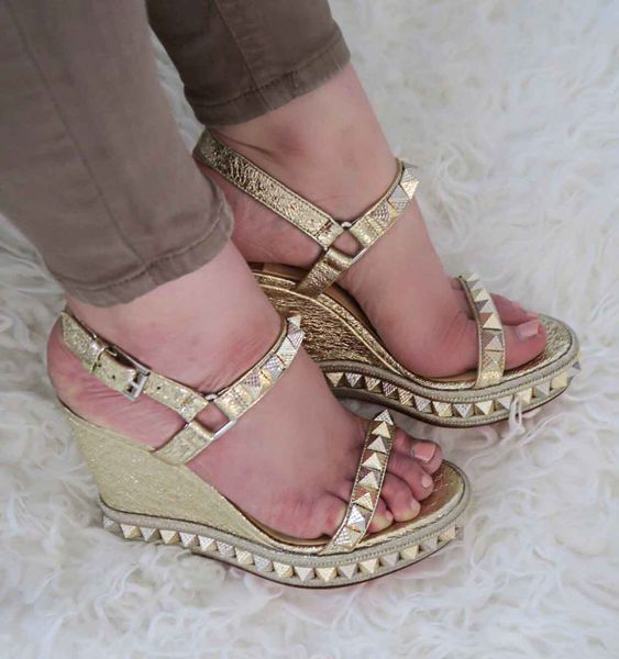 

summer sliver golden leather cataclou sandals fashion red bottom wedge studs ankle strap summer ladies gladiator sandalias party weddi, Black
