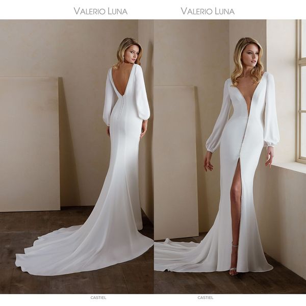 

elegant valerio luna mermaid wedding dresses v neck long puff sleeve split backless sequins wedding gown sweep train robe de mariÃ©e, White