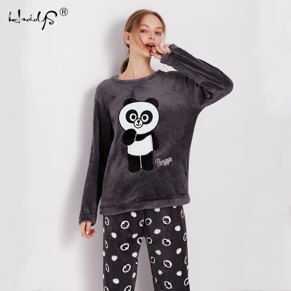 2019 Cartoon Panda And Letter Pajama Sets Sleepwear Women Winter Flannel Plus Size Full Length Warm Party Pyjamas Sleepwear For Women From Quan01