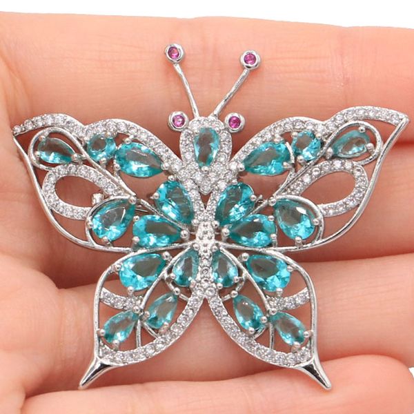 

shecrown new arrival butterfly rich blue aquamarine tourmaline cz gift for girls silver brooch 49x41mm, Slivery;golden