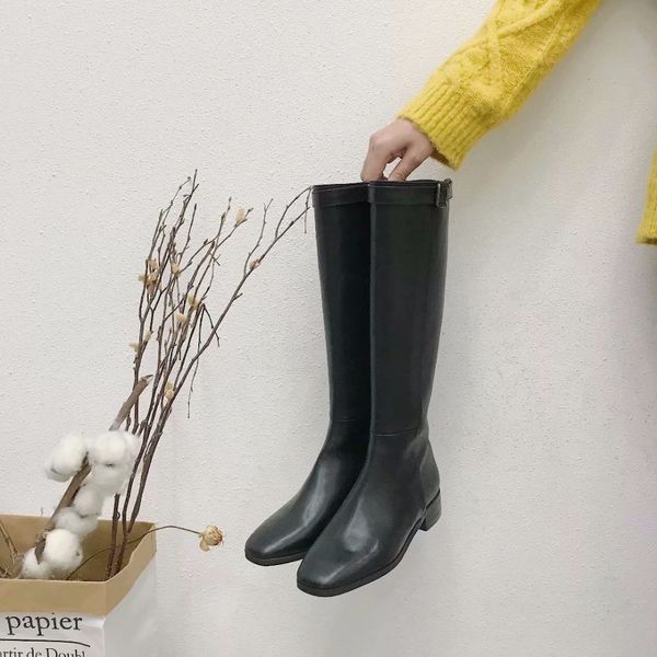 

2018 new fashion knee high women boots mature pu leather square toe zipper shoes woman med heels ladies rain boot for skirt, Black