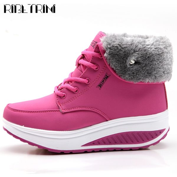 

ribetrini new ladies lace-up warm fur shoes woman winter comfort wedges ankle snow boots platform boots women, Black