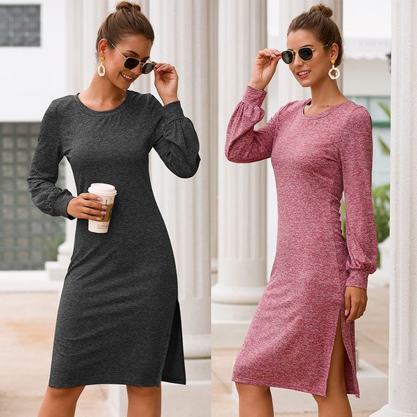 

2019 european and american autumn fashion round neck pantelled empire split long sleeve casual pencil dress, Black;gray