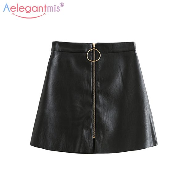 

aelegantmis spring summer casual pu leather skirt women elegant zipper mini a-line skirt lady skinny high waist skirts black, Black;gray