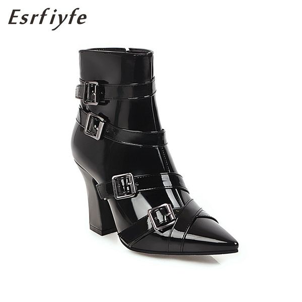 

esrfiyfe 2020 new arrival women ankle boots buckle pointed toe square high heel party dress shoes autumn winter boots woman, Black