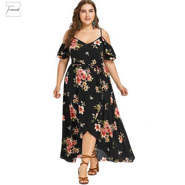 

summer dress women plus size cold floral shoulder overlap spaghetti strap half sleeves floral print beach dress robe designer clothes, Black;gray