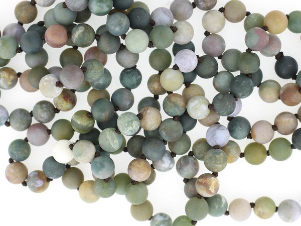 

long necklace, natural stone, 8mm hand knotted matte fancy jasper, 8mm round beads. 60" hand knotted necklace, natural stones, Golden;silver