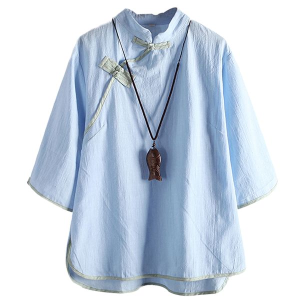 

national style oblique button stand collar vintage blouses for women casual loose cotton linen shirt half sleeve chinese blusas, Red