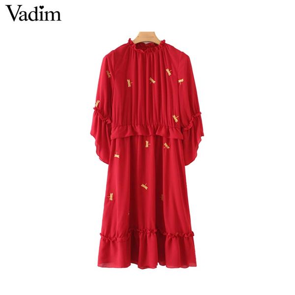 

vadim women dragonfly embroidery red dress elastic waist flare sleeve pleated female sweet knee length dresses vestidos qa891, Black;gray