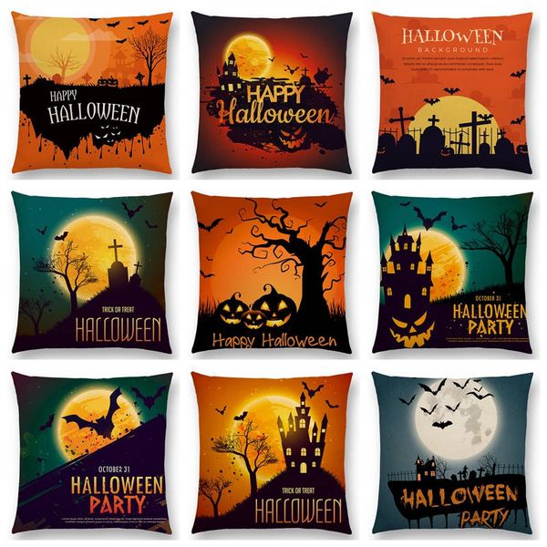 

happy halloween scary night moon skull witch pumpkin zombie vampire ghost castle bat cat cushion cover sofa throw pillow case