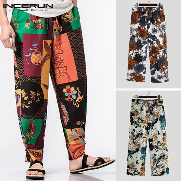 

men harem pants ethnic printed cotton elastic waist 2020 loose vintage casual joggers pantalon streetwear trousers men incerun, Black
