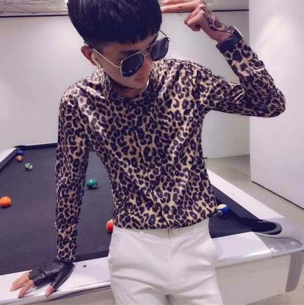 

a16 slim long sleeve shirt men's new leopard personality fashion trend shirt, White;black
