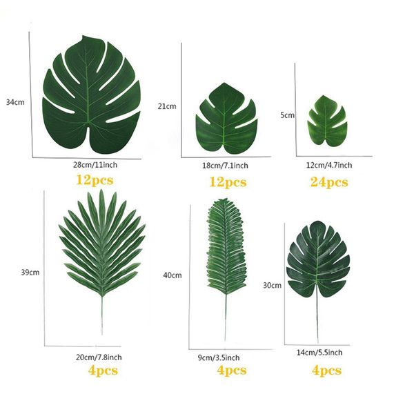 

60pcs artificial leaves tropical palm leaves monstera with stems for decorations tropical party supplies jungle beach lua